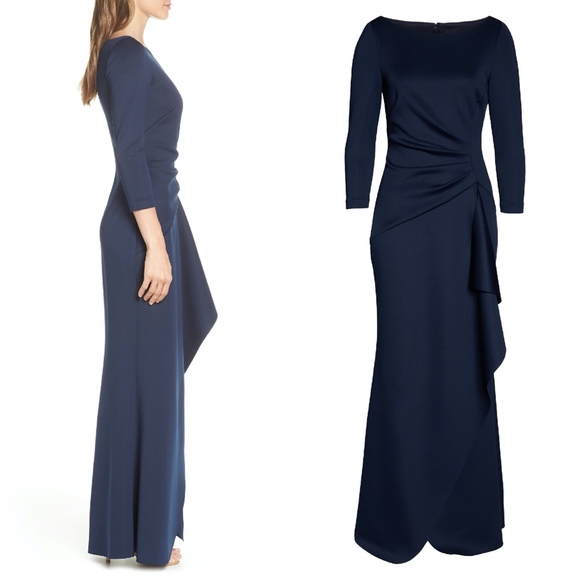 ELIZA J BLUE Techno Scuba Pleat Evening DRESS GOWN - Picture 2 of 9